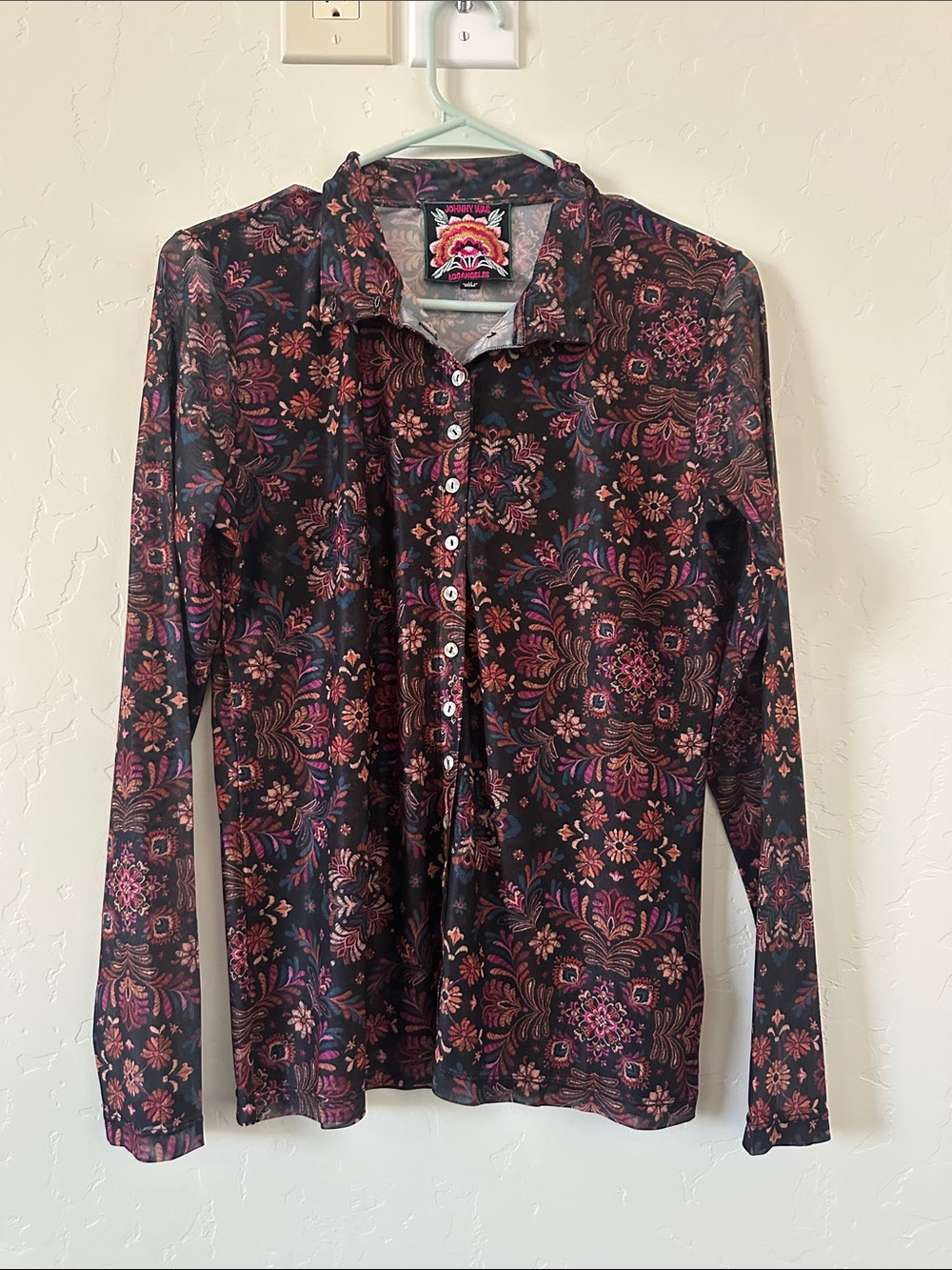 Johnny Was Black Long-Sleeve Floral Button Shirt with Pink and Purple Accents